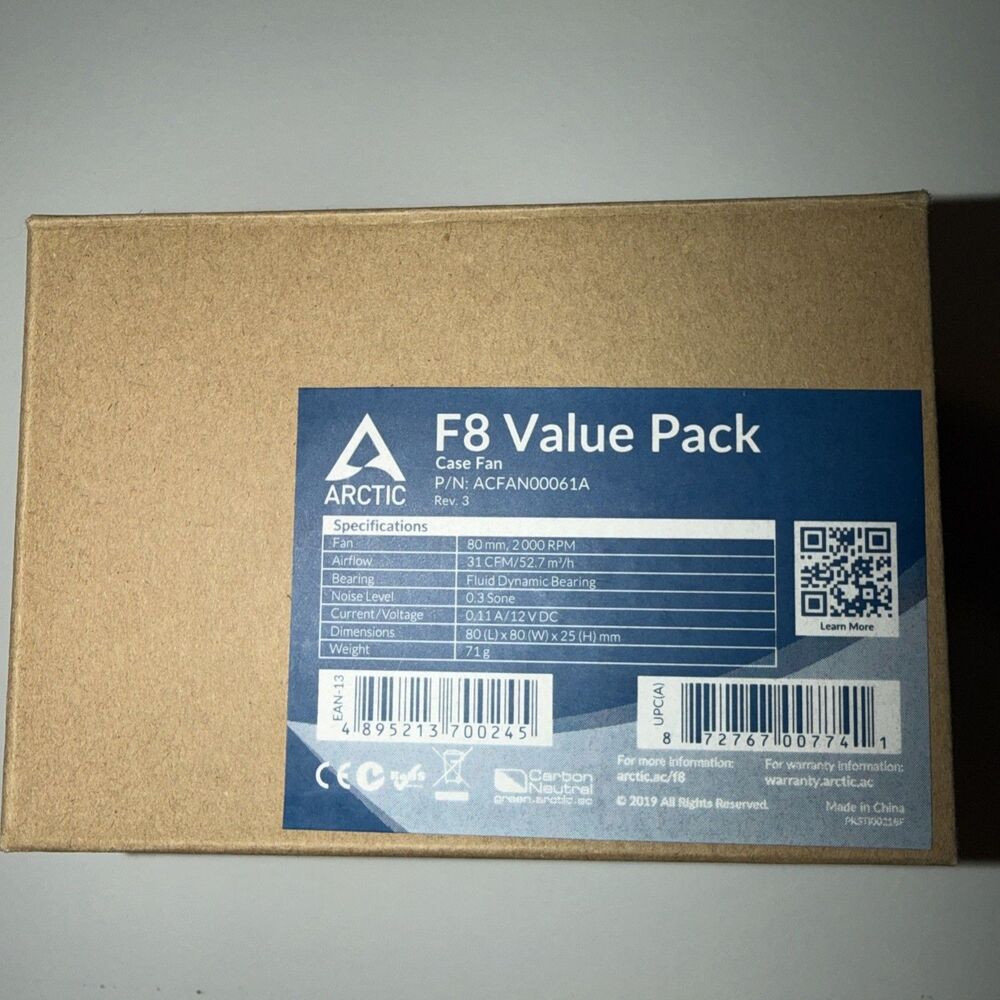 Arctic F8 80mm Case Fan Cooling 5-Pack - Brand New